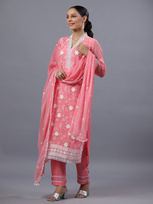 Peach Organza Embroidered Kurti Set