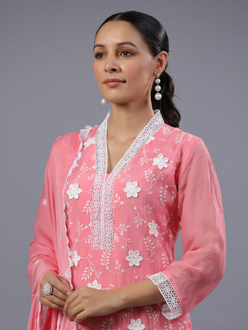 Peach Organza Embroidered Kurti Set