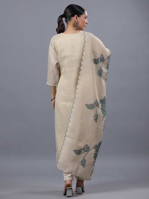 Beige Handwork Tissue Floral Print Kurti Set