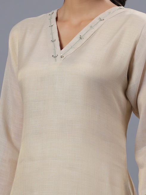 Beige Handwork Tissue Floral Print Kurti Set