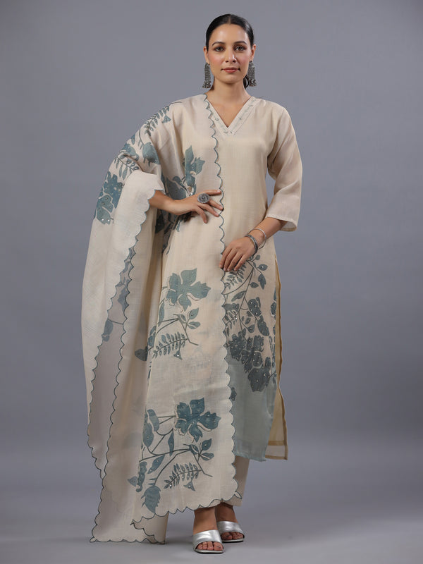 Beige Handwork Tissue Floral Print Kurti Set