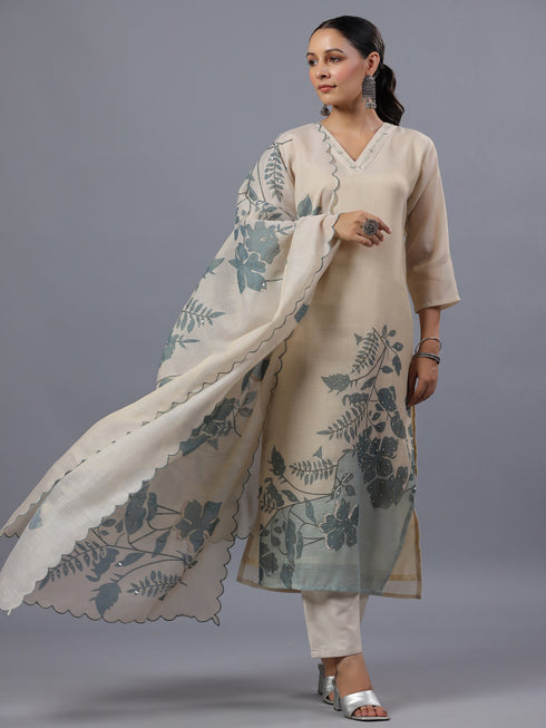 Beige Handwork Tissue Floral Print Kurti Set