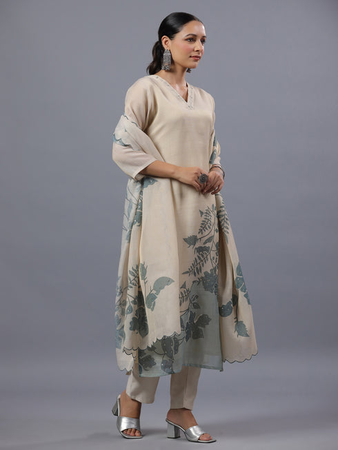 Beige Handwork Tissue Floral Print Kurti Set
