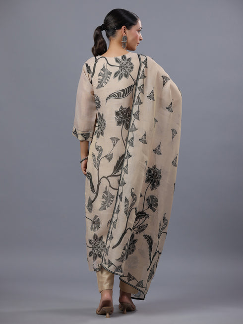 Beige Tissue Floral Print Kurti Set