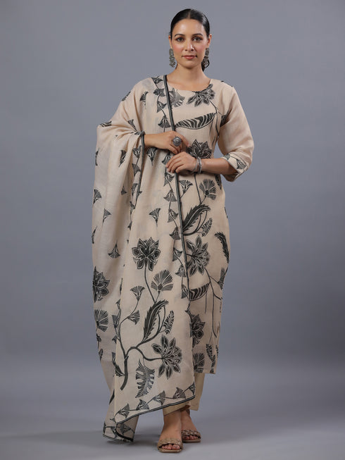 Beige Tissue Floral Print Kurti Set