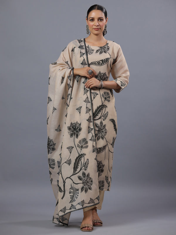 Beige Tissue Floral Print Kurti Set