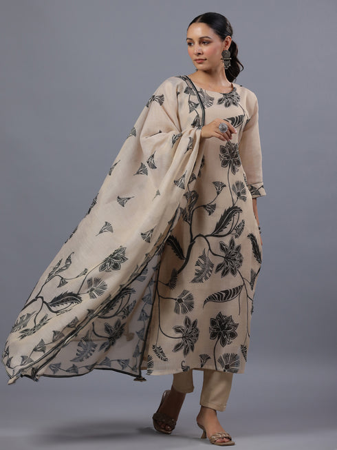 Beige Tissue Floral Print Kurti Set