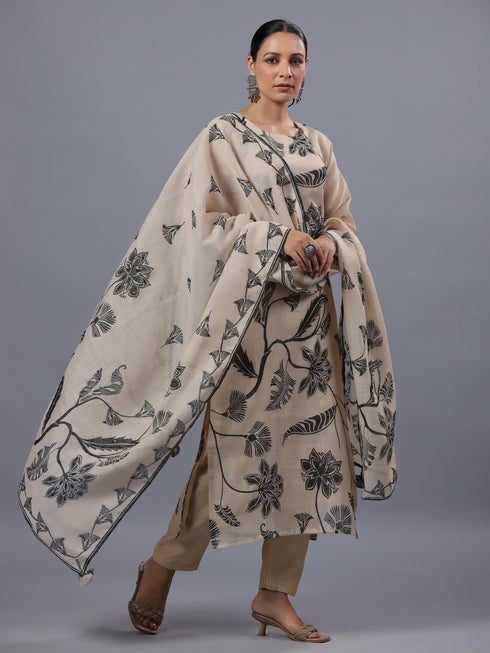 Beige Tissue Floral Print Kurti Set