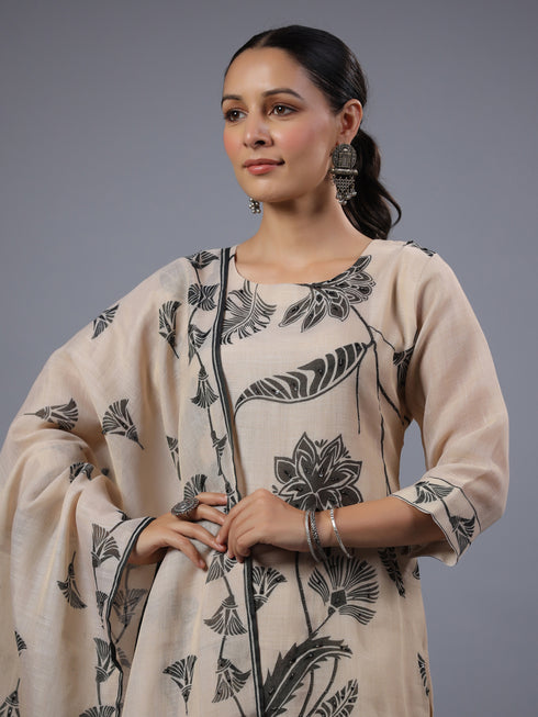 Beige Tissue Floral Print Kurti Set