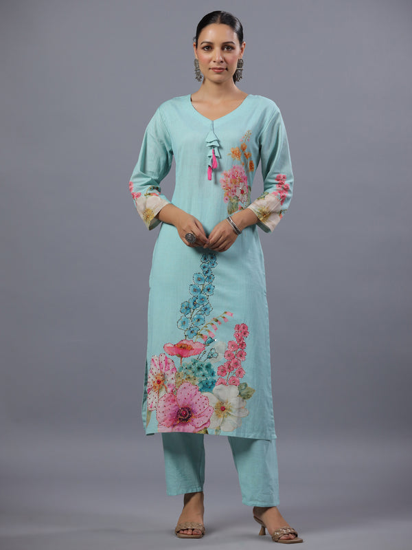 Light Blue Floral Print Kurti Set