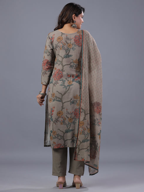 Grey Cotton Linen Floral Print Kurti Set