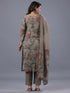 Grey Cotton Linen Floral Print Kurti Set