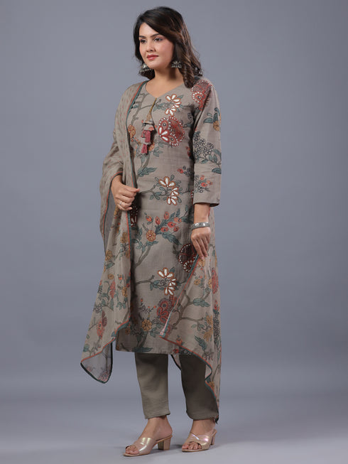 Grey Cotton Linen Floral Print Kurti Set