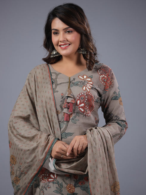 Grey Cotton Linen Floral Print Kurti Set