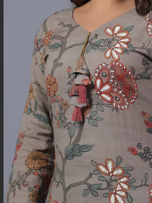 Grey Cotton Linen Floral Print Kurti Set