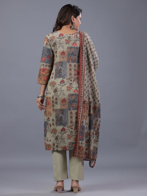 Beige Cotton Blend Floral Print Kurti Set