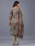 Beige Cotton Blend Floral Print Kurti Set