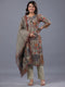 Beige Cotton Blend Floral Print Kurti Set