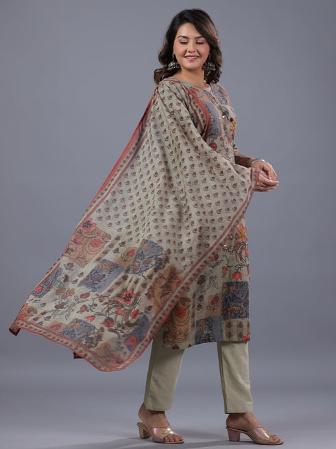 Beige Cotton Blend Floral Print Kurti Set