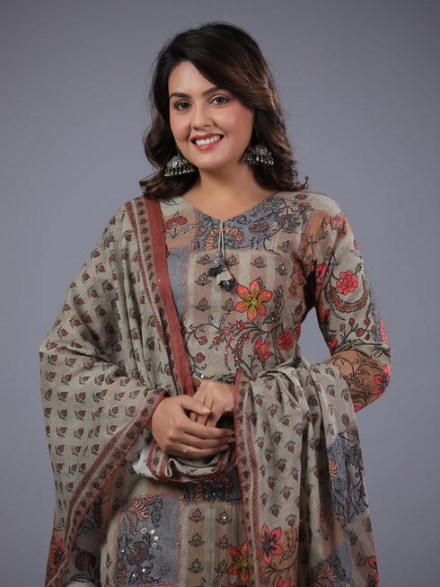 Beige Cotton Blend Floral Print Kurti Set