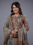 Beige Cotton Blend Floral Print Kurti Set