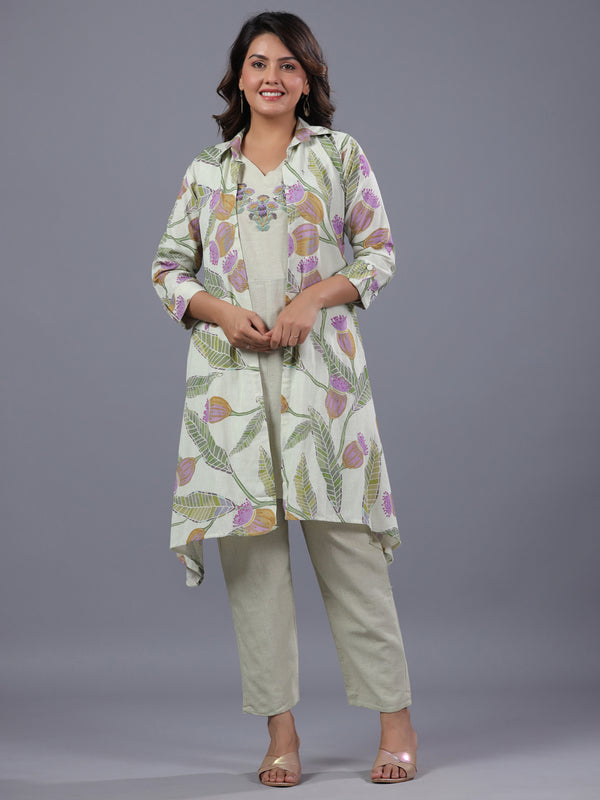 Light Green Cotton Linen Botanical Print 3pc Co-Ord Set