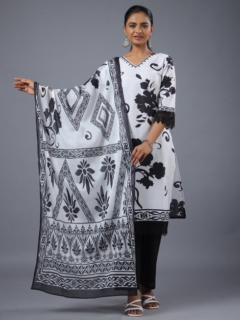 White Floral Print Kurti Set