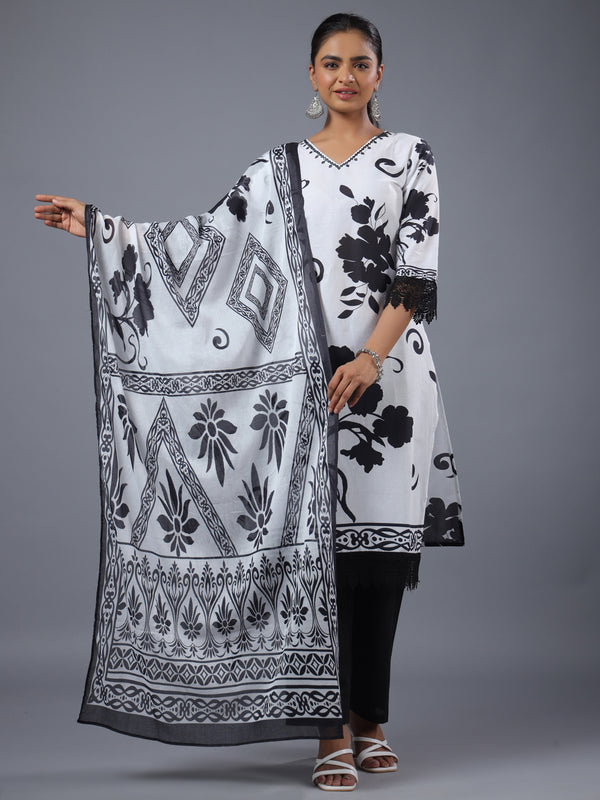 White Floral Print Kurti Set