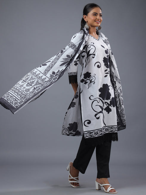 White Floral Print Kurti Set