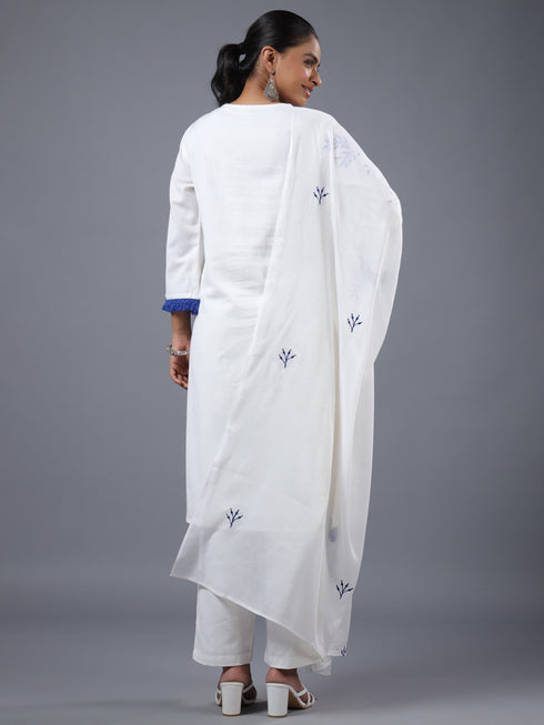 White Cotton Embroidered Kurta Set