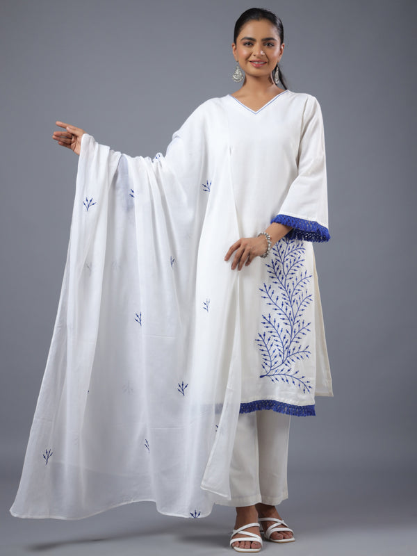 White Cotton Embroidered Kurta Set