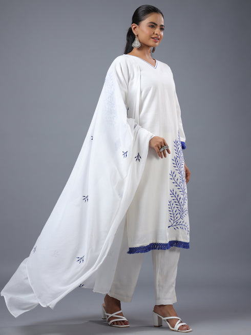 White Cotton Embroidered Kurta Set