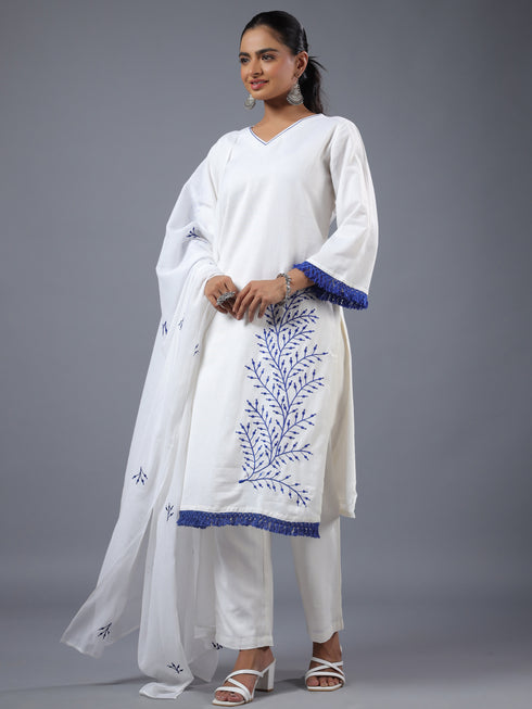 White Cotton Embroidered Kurta Set