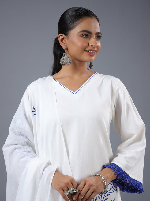 White Cotton Embroidered Kurta Set