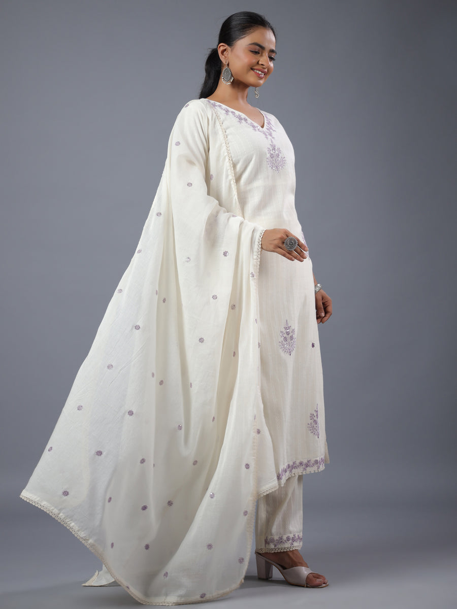 Off White Sheer Emb. Kurta Set