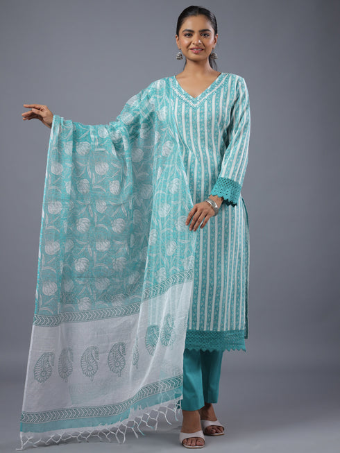 Teal Cotton Kurti With Mirror Lace Details