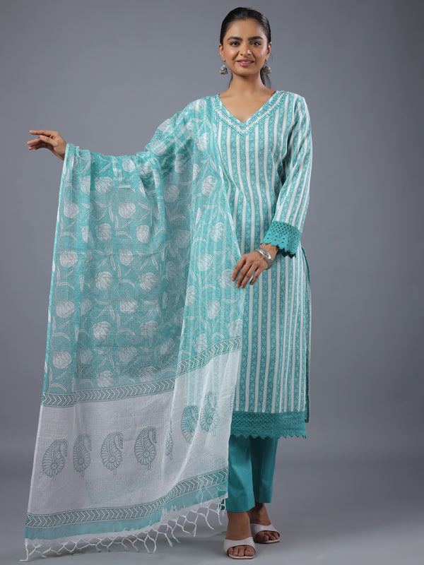 Teal Cotton Kurti With Mirror Lace Details