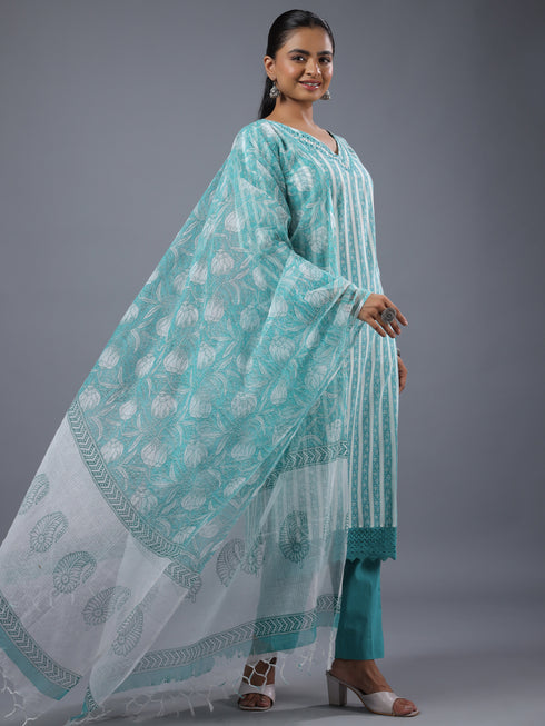 Teal Cotton Kurti With Mirror Lace Details