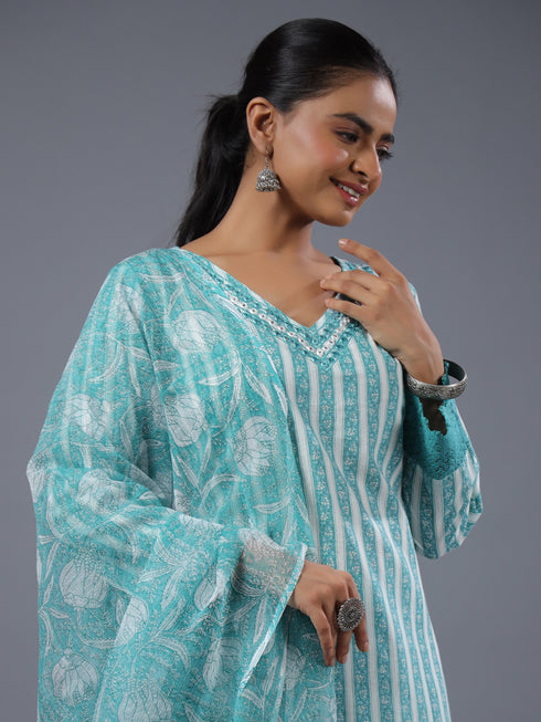 Teal Cotton Kurti With Mirror Lace Details