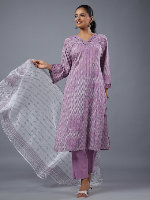 Purple Stripped Print Kurti Set