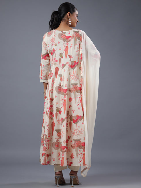 Cream Panneled Botanical Print Kurti Set