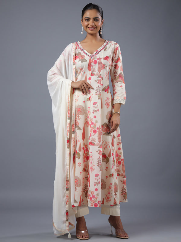 Cream Panneled Botanical Print Kurti Set