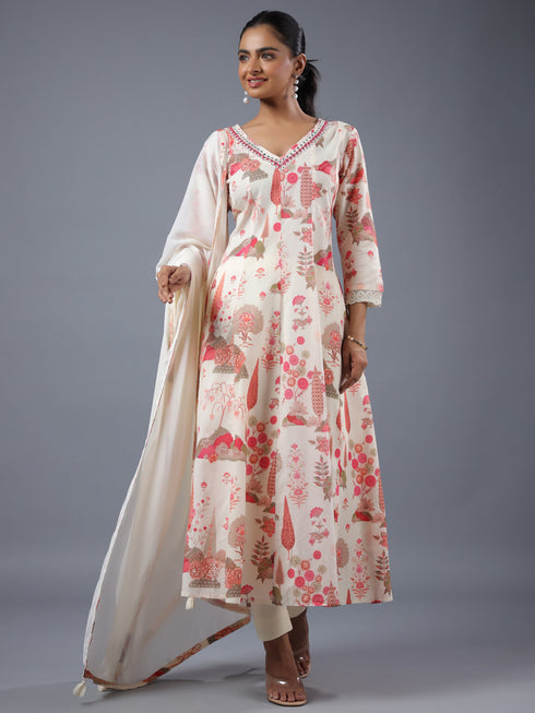 Cream Panneled Botanical Print Kurti Set