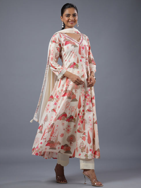 Cream Panneled Botanical Print Kurti Set