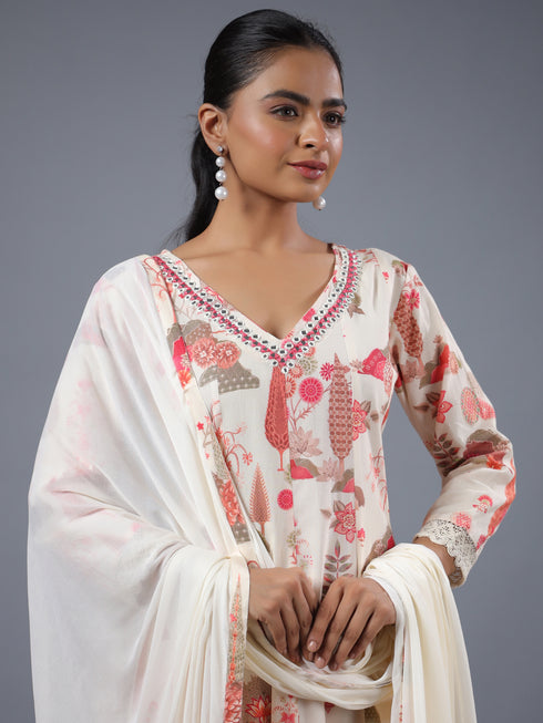 Cream Panneled Botanical Print Kurti Set