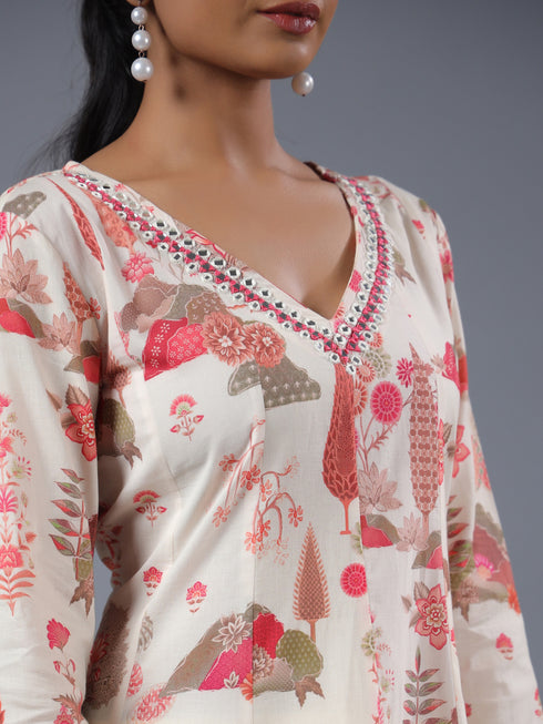 Cream Panneled Botanical Print Kurti Set