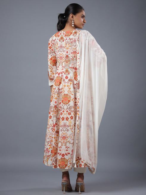 Cream Panneled Printed Kurti Set