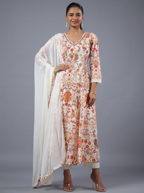 Cream Panneled Printed Kurti Set