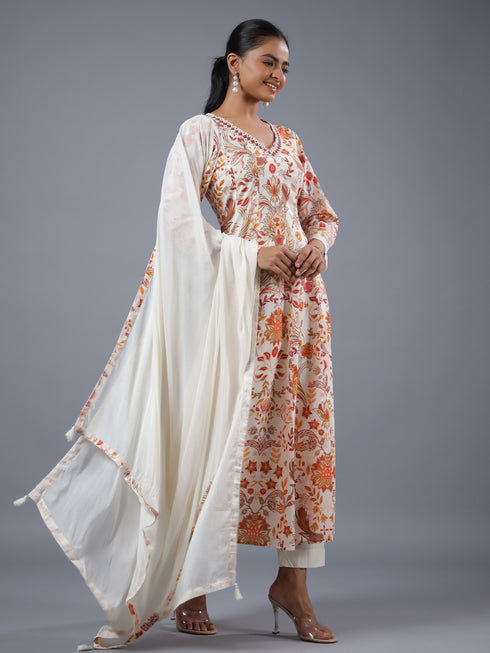 Cream Panneled Printed Kurti Set
