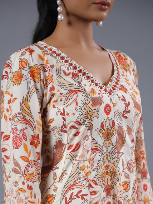 Cream Panneled Printed Kurti Set
